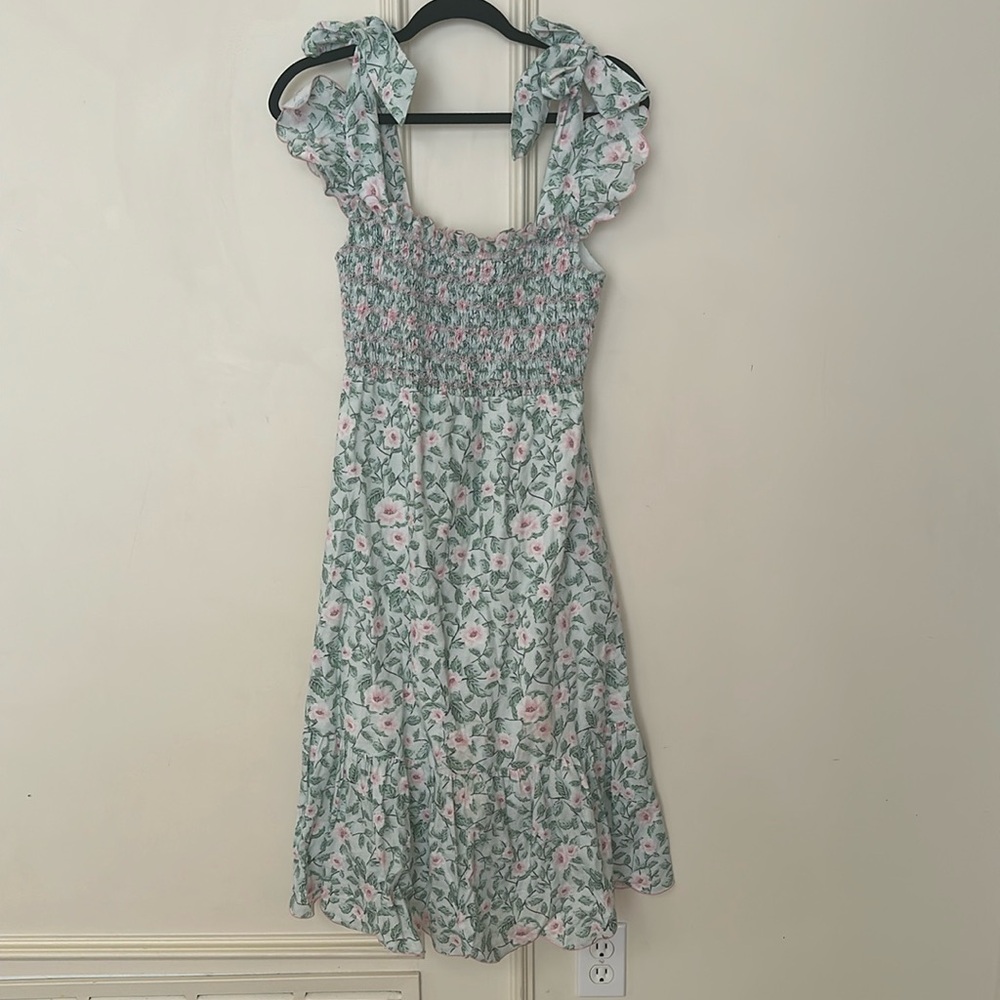 Dondolo Colony Dress  Green Floral Linen Blend Midi Dress